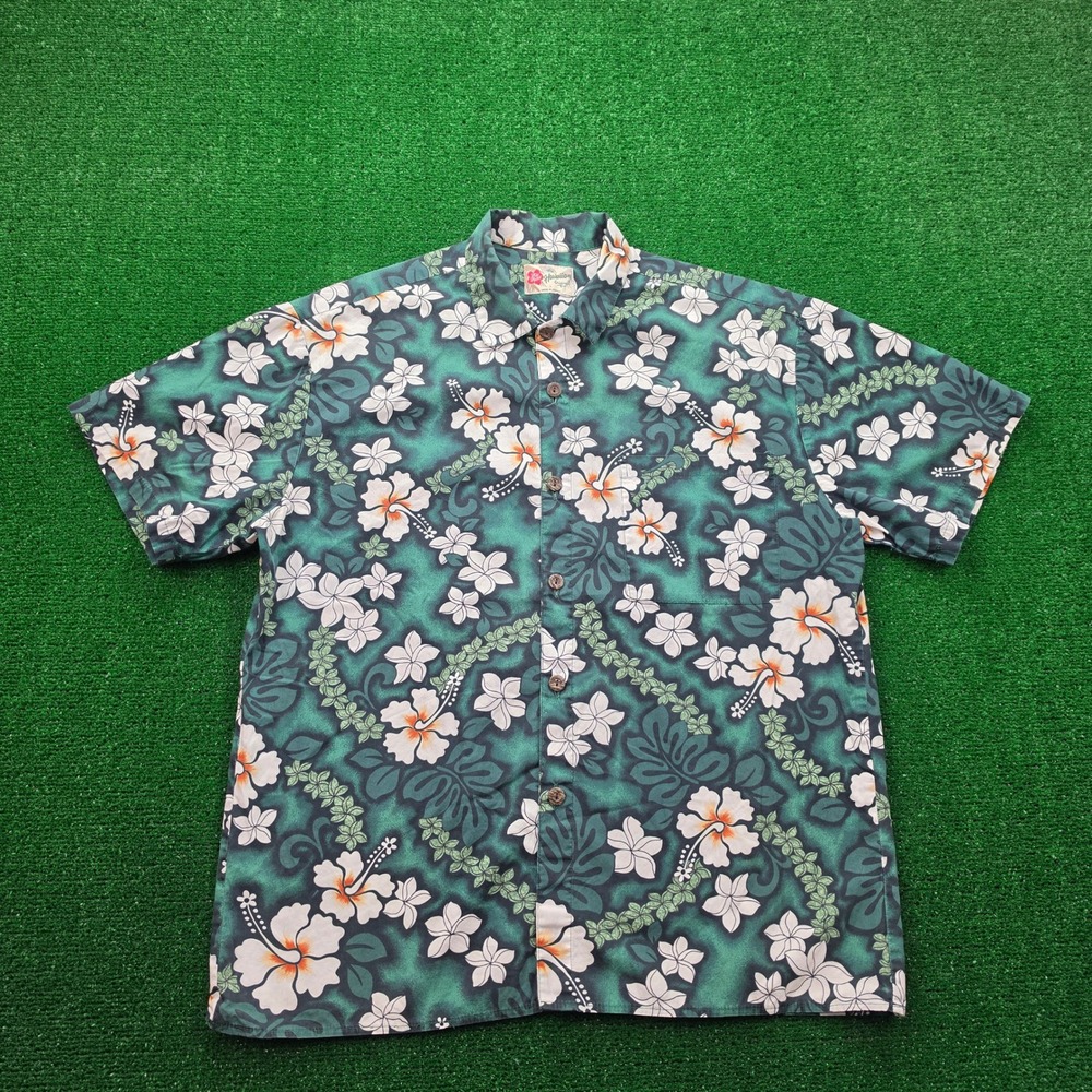 Hilo Hattie Hawaiian Shirt Mens Large Green Floral Hibiscus Plumeria Aloha Camp